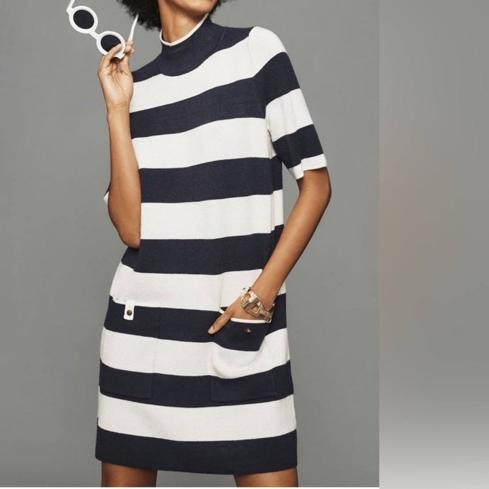 Anthropologie Maeve Annalise Dress navy Striped Mock neck, Sweater Dress M